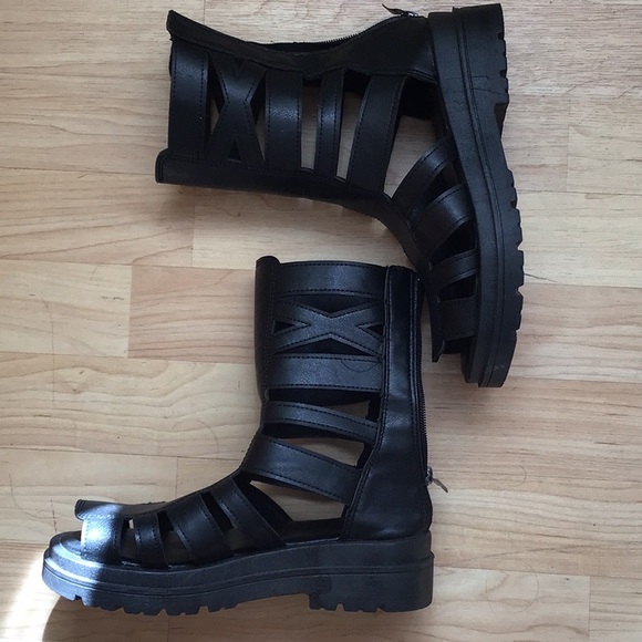 Black Vegan Strappy Boots Size 36 Zip Up - Picture 5 of 8